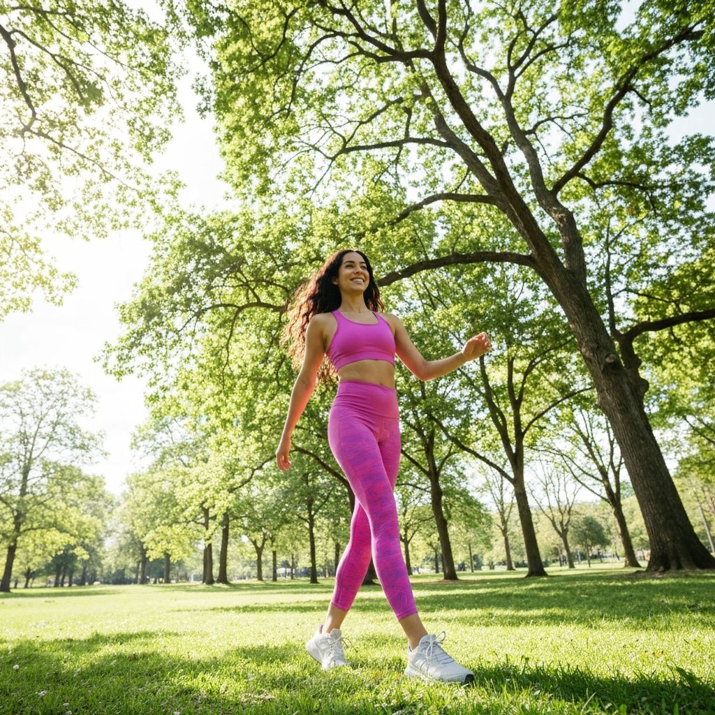 Person stretching and walking outdoors in bright sunlight