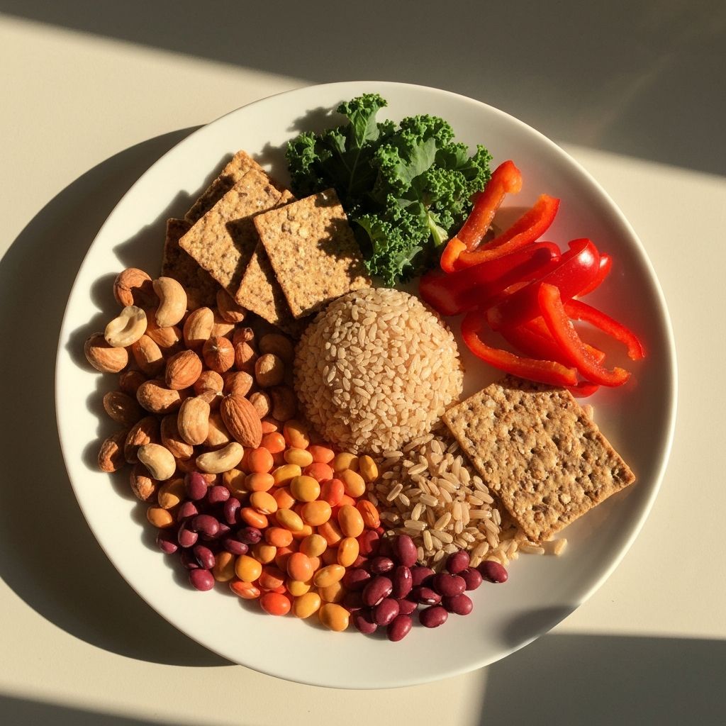 Balanced nutritious plate with proteins, carbohydrates and fresh vegetables